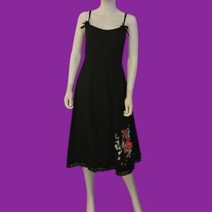 LUCKY 13 Retro Black Floral Lace Spaghetti Bow Strap Pin-up Rockabilly Dress